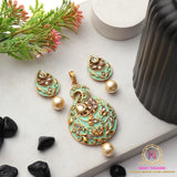 Mint Green Kundan Pendant Set with Pearl Drop | Ethnic Golden Design