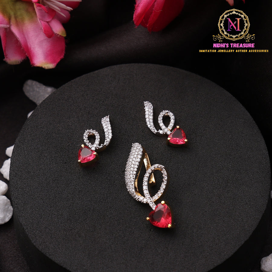 Heart Shape AD Pendant Set with Earrings | Golden Finish