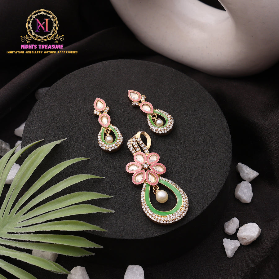 Floral Teardrop Pendant Set with Earrings| Pearl Detail