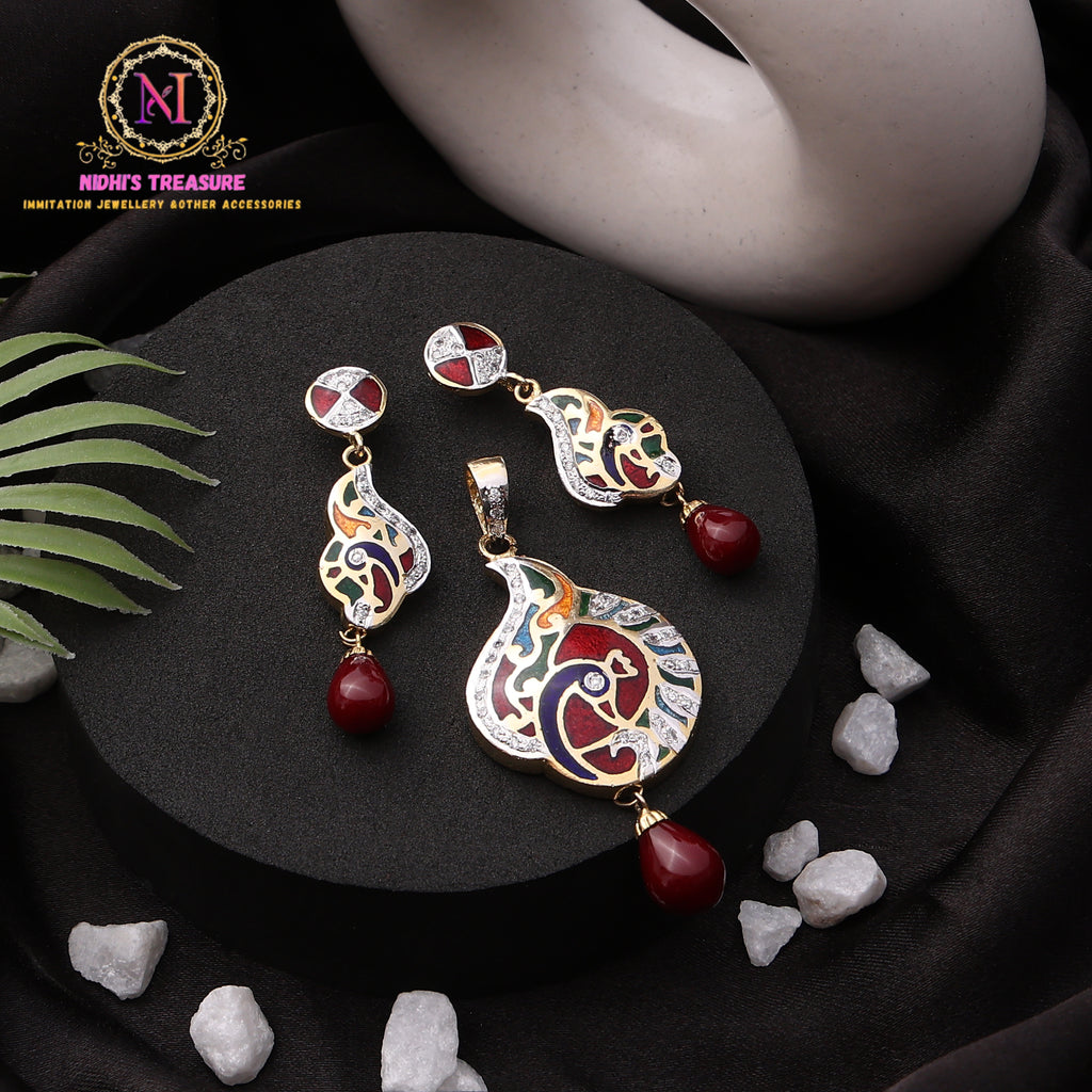 Peacock Pendant Set with Meenakari & AD Work | Golden Finish