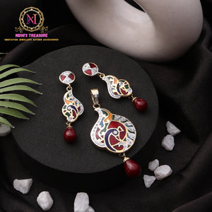 Peacock Pendant Set with Meenakari & AD Work | Golden Finish