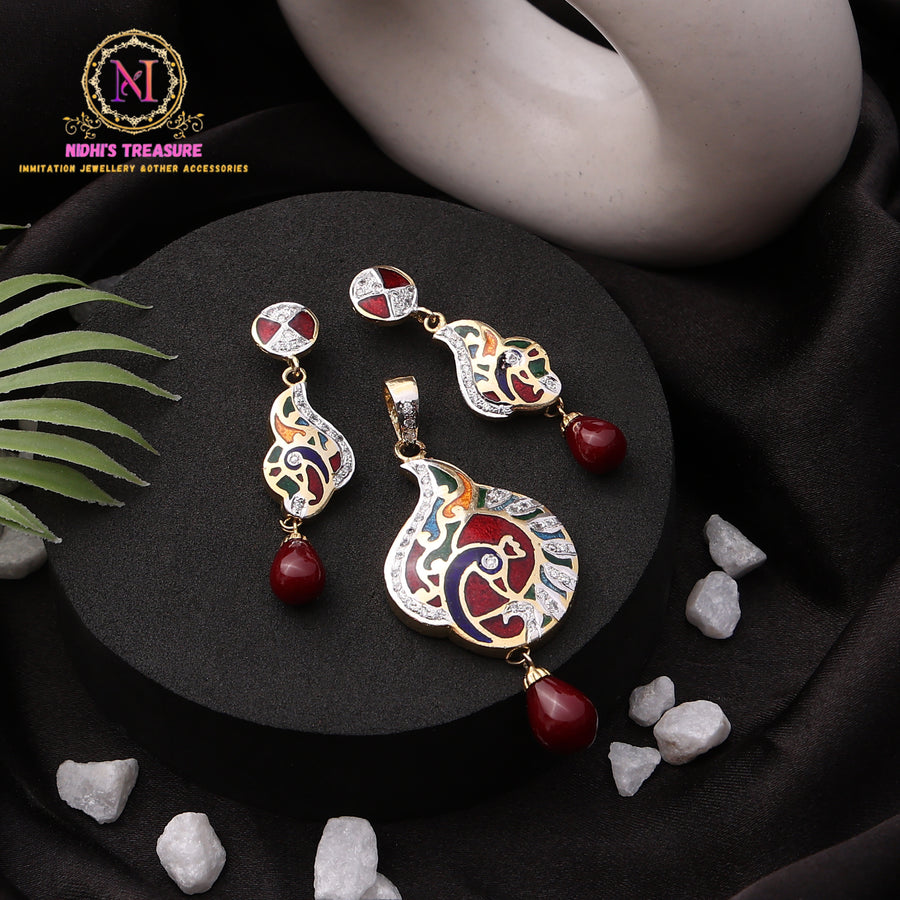 Peacock Pendant Set with Meenakari & AD Work | Golden Finish