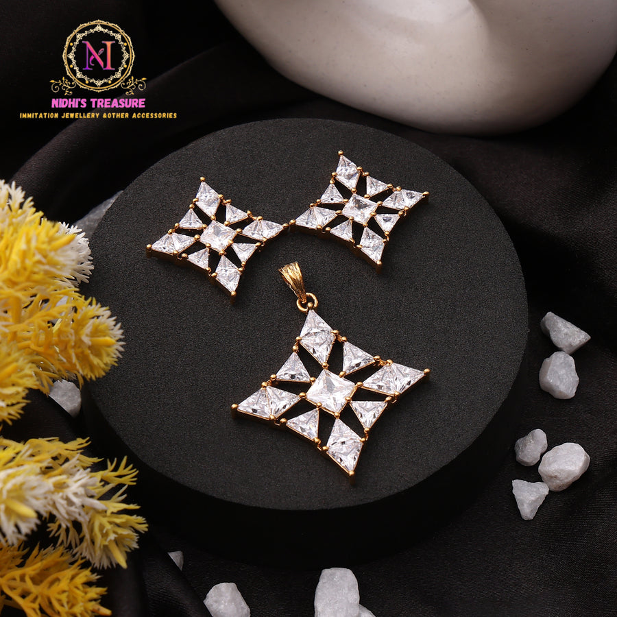 Geometric Diamond Shape Pendant Set | CZ American Diamond Design