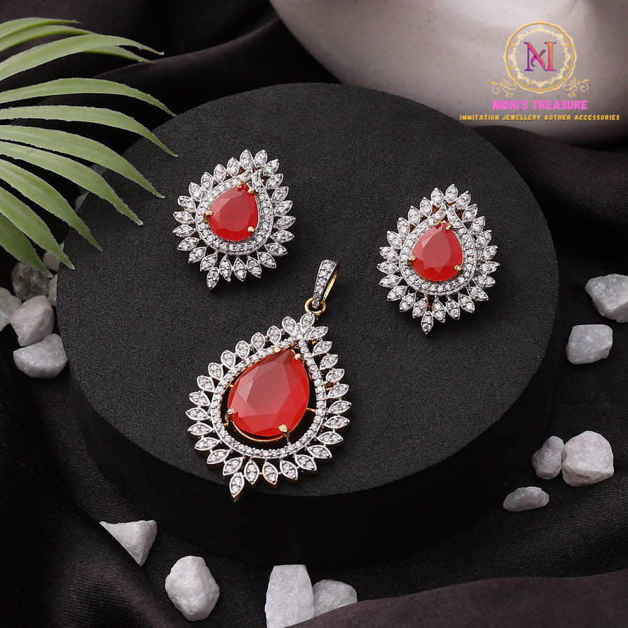 American Diamond Square Pendant Set | Golden Finish Classic Design