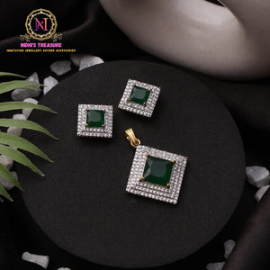 American Diamond Square Pendant Set – Green Stone | Premium Design