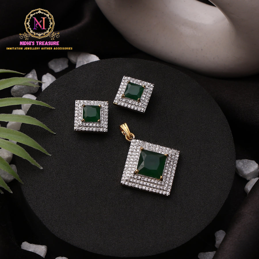 American Diamond Square Pendant Set – Green Stone | Premium Design