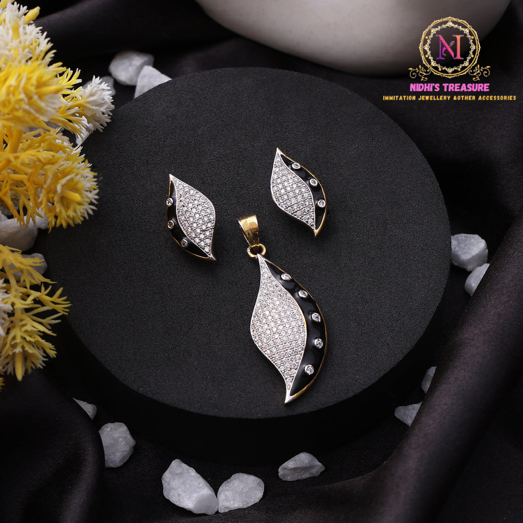 Leaf Shape American Diamond Pendant Set – Black Touch | Designer Style
