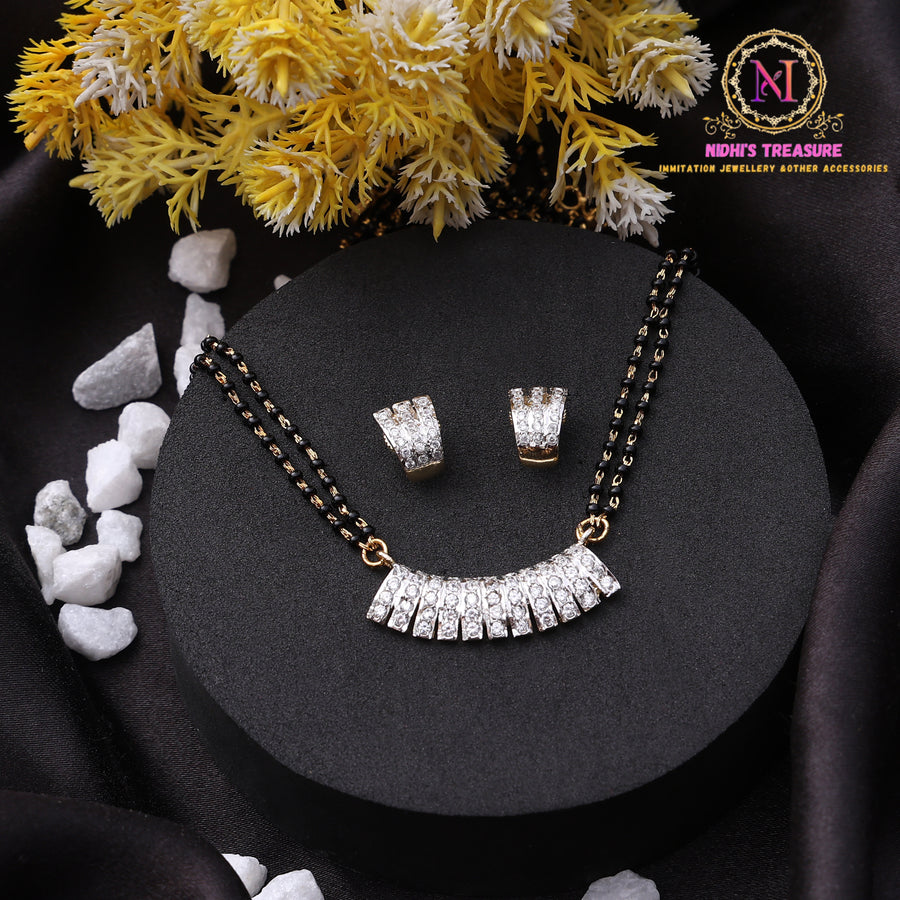 American Diamond Double Chain Mangalsutra Set with Earrings | Elegant Design