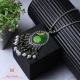 Resin Floral Pendant Necklace – Green | Pearl Tassel Silver Chain
