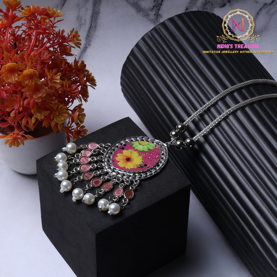 Resin Floral Pendant Necklace – Pink | Pearl Tassel Silver Chain