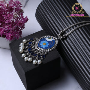 Resin Floral Pendant Necklace – Blue | Pearl Tassel Silver Chain