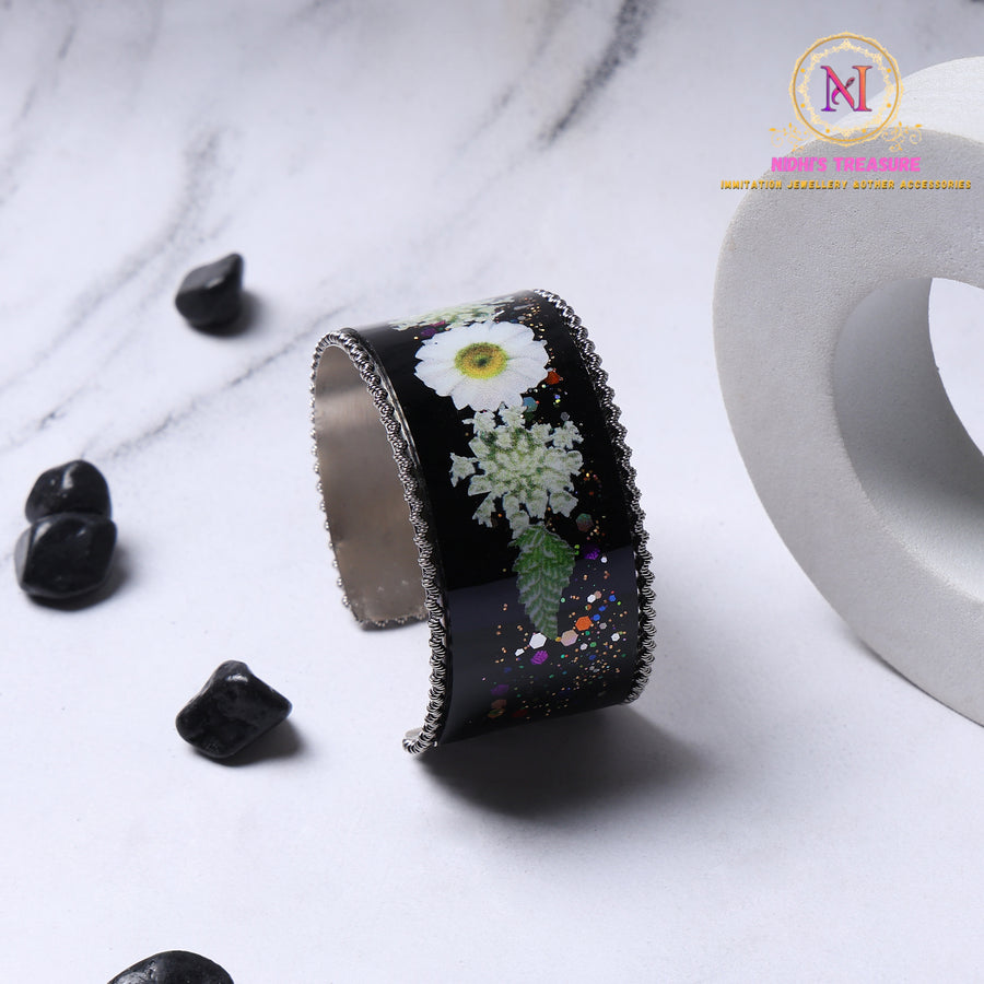 Resin Hand Cuff – Black Floral | Oxidised Finish Statement Bracelet