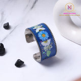 Resin Hand Cuff – Blue Floral | Oxidised Finish Statement Bracelet