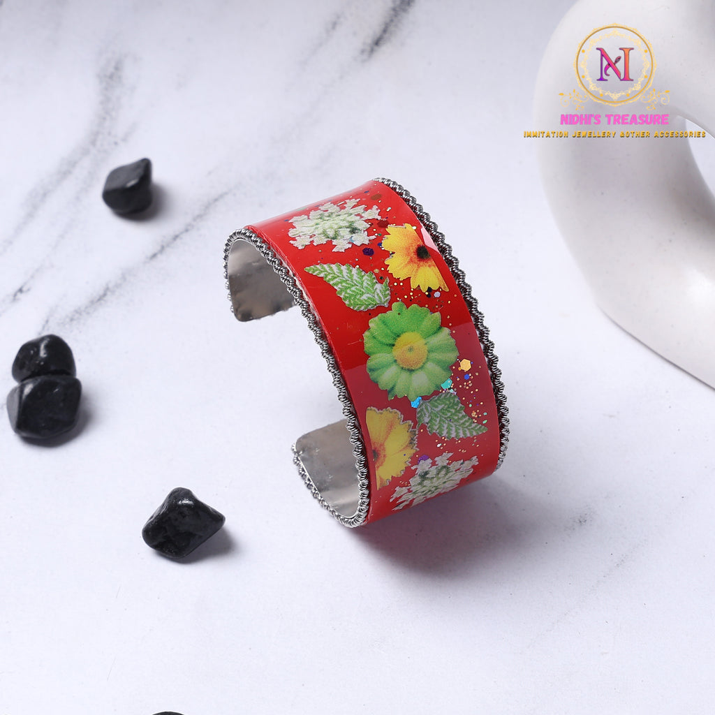Resin Hand Cuff – Red Floral | Oxidised Finish Statement Bracelet