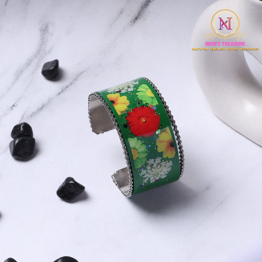 Resin Hand Cuff – Green Floral | Oxidised Finish Statement Bracelet