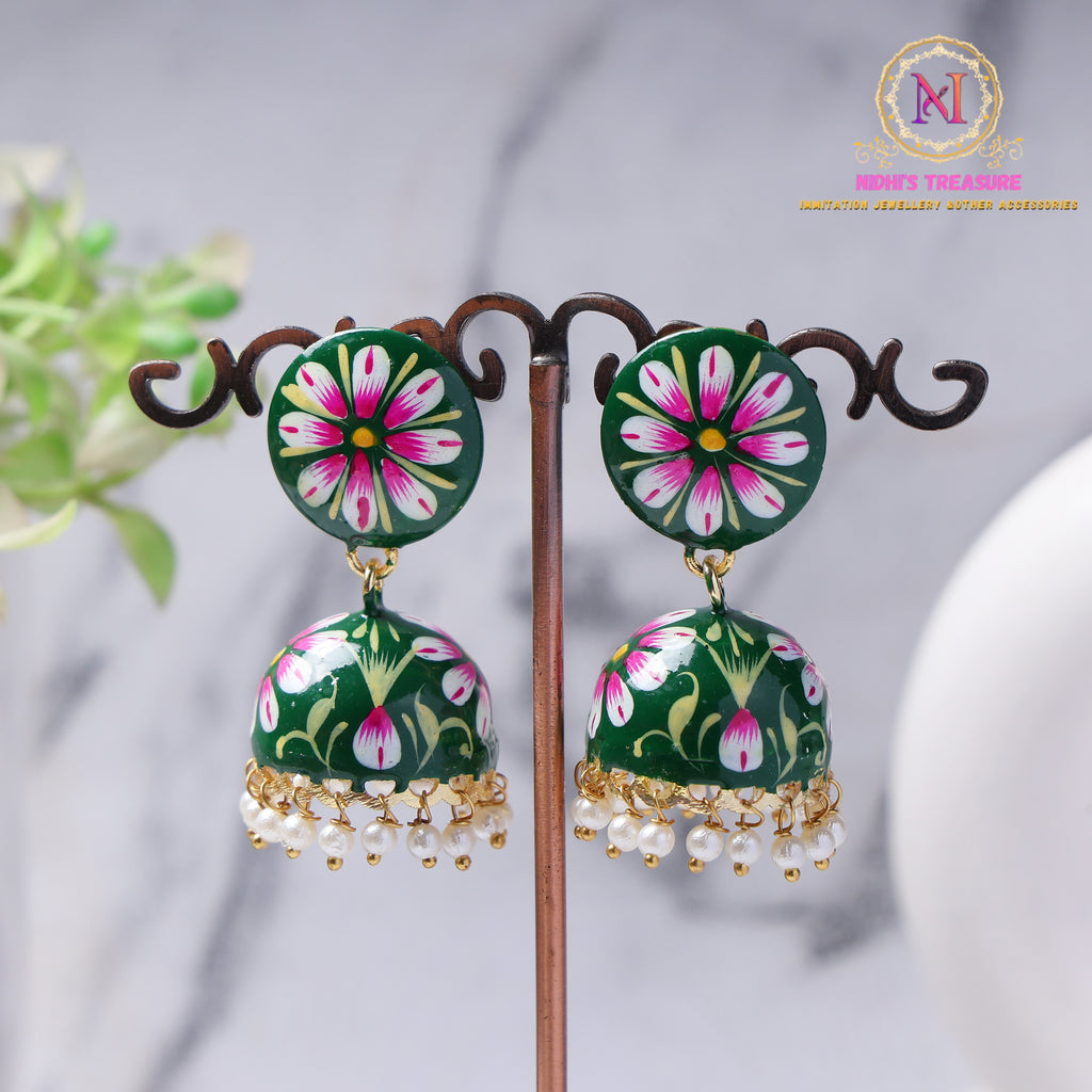 Hand-Painted Jhumka Earrings – Green Floral | Lightweight Ethnic