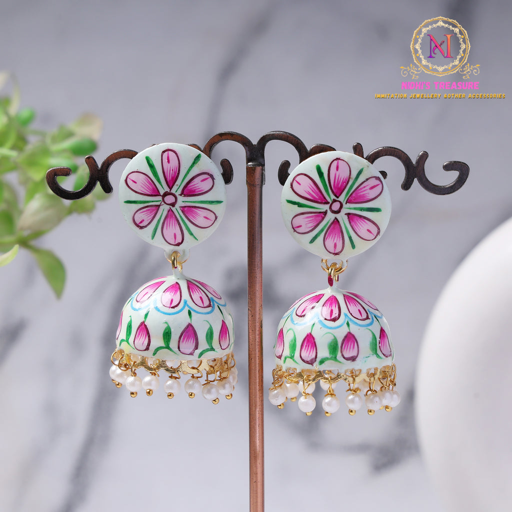Hand-Painted Jhumka Earrings – Green & White | Lightweight Ethnic