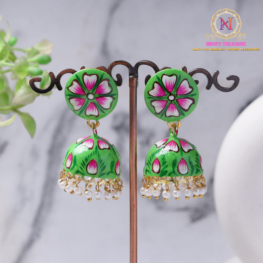 Hand-Painted Jhumka Earrings – Green Floral | Pearl Drop Ethnic