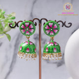 Hand-Painted Jhumka Earrings – Green Floral | Pearl Drop Ethnic