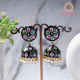 Hand-Painted Jhumka Earrings – Black Floral | Lightweight Statement