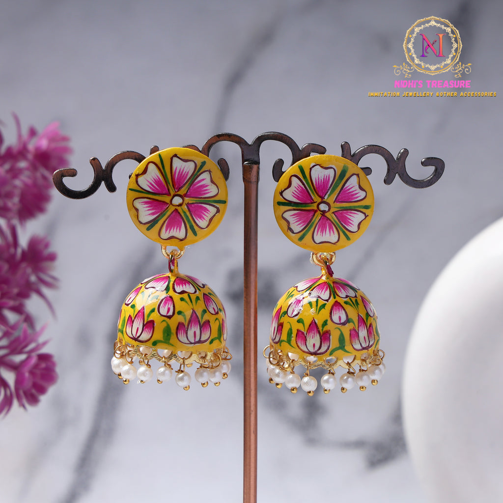 Hand-Painted Jhumka Earrings – Yellow Floral | Lightweight Ethnic