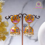 Hand-Painted Jhumka Earrings – Yellow Floral | Pearl Drop Ethnic