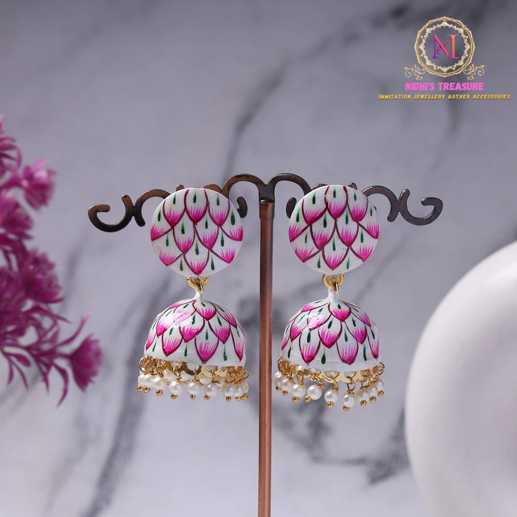 Hand-Painted Jhumka Earrings – White & Pink | Lightweight Ethnic
