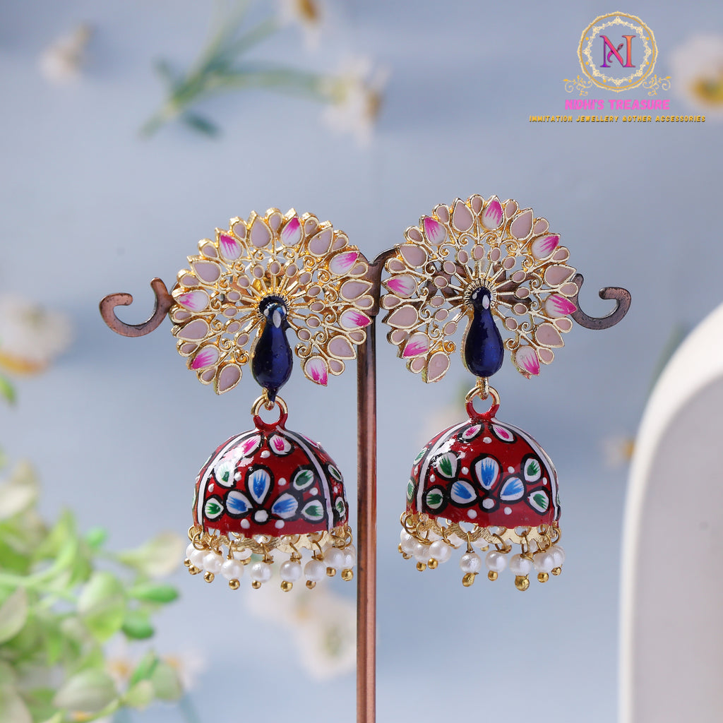 Hand-Painted Peacock Jhumka Earrings – Red & Blue | Pearl Drop Ethnic