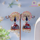 Hand-Painted Peacock Jhumka Earrings – Red & Blue | Pearl Drop Ethnic