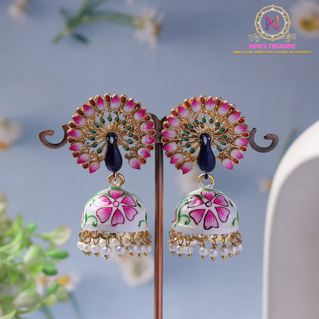 Hand-Painted Peacock Jhumka Earrings – Pink & White | Pearl Drop