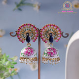 Hand-Painted Peacock Jhumka Earrings – Pink & White | Pearl Drop