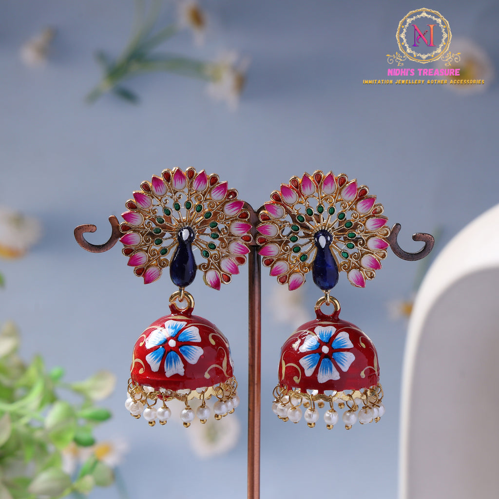Hand-Painted Peacock Jhumka Earrings – Red & White | Traditional Style