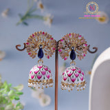 Hand-Painted Peacock Jhumka Earrings – Pink & White | Ethnic Design