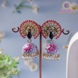 Hand-Painted Peacock Jhumka Earrings – Pink & Grey | Pearl Drop
