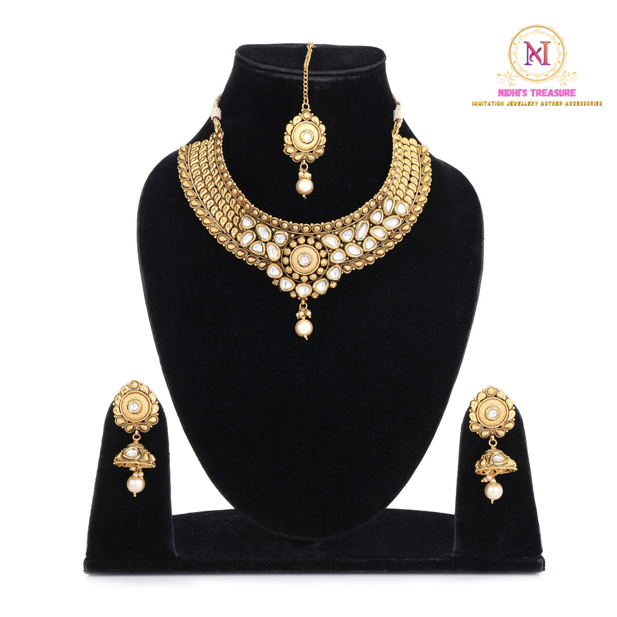Bridal Kundan Necklace Set with Earrings & Tikka | Traditional Gold Finish