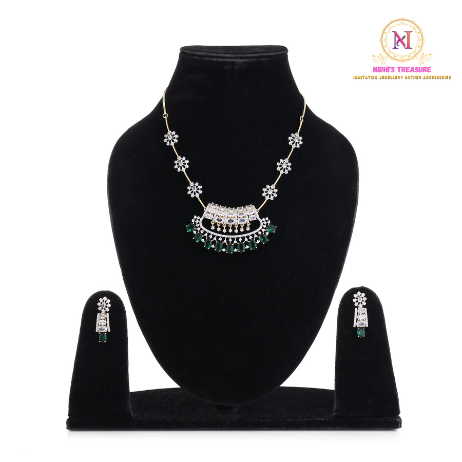 American Diamond Necklace Set – Green Stones | Adjustable Chain Design