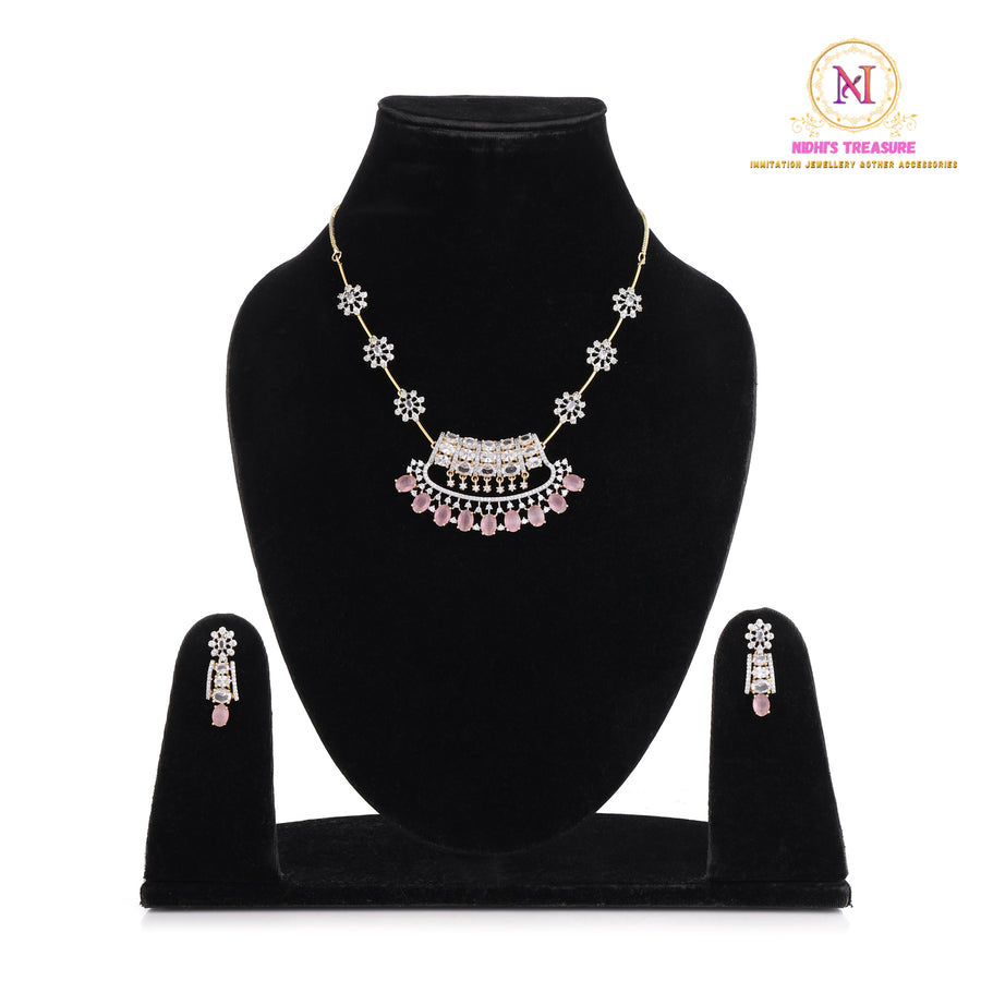 American Diamond Necklace Set – Pink Stones | Adjustable Elegant Design