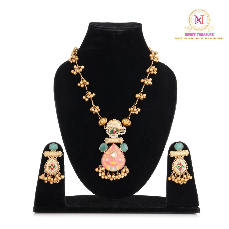 Kashmiri Mala Pendant Set – Mint Pink Bird Design with Ghunghroo | Ethnic Jewelry