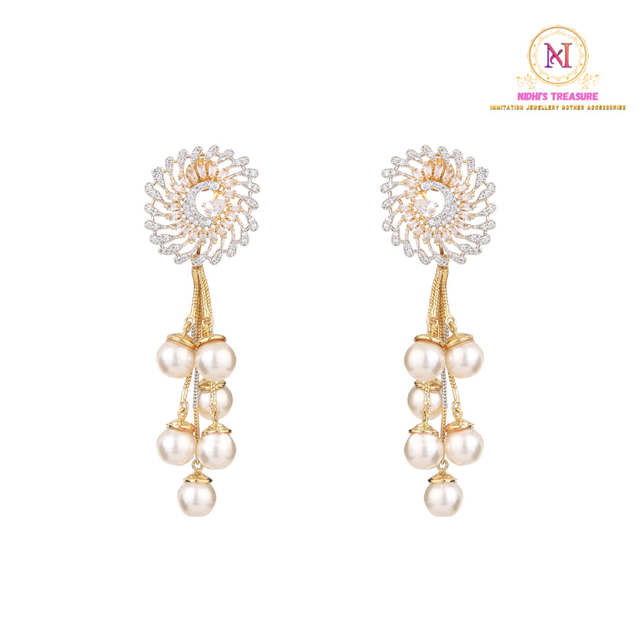 Peacock American Diamond Long Earrings | Pearl Drop Golden Dangler