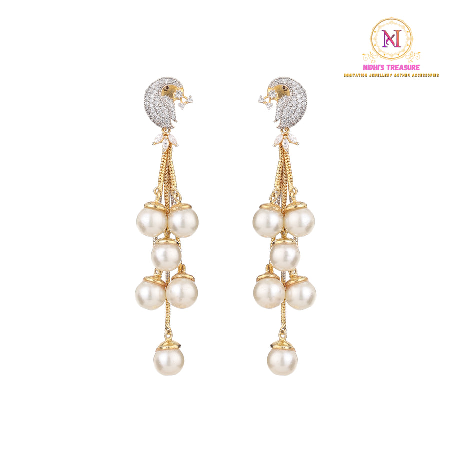 Peacock Pearl Drop Long Earrings | Golden Finish Designer Danglers
