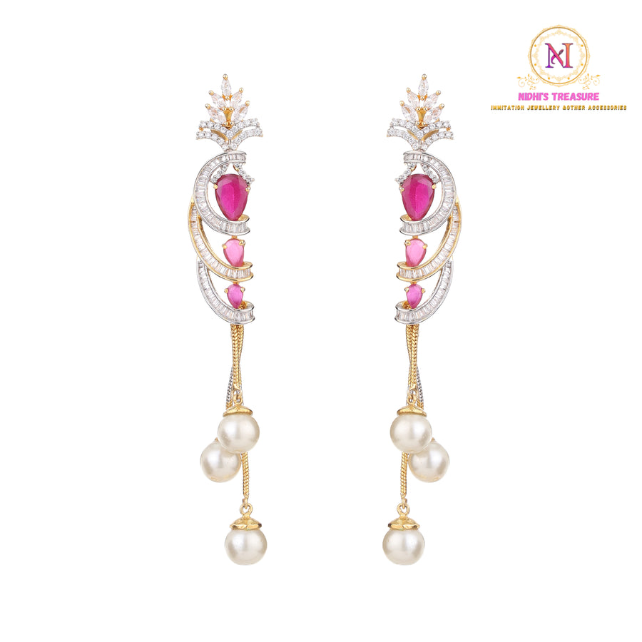 Ruby American Diamond Long Earrings | Dual Tone Pearl Drop Danglers