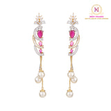 Ruby American Diamond Long Earrings | Dual Tone Pearl Drop Danglers