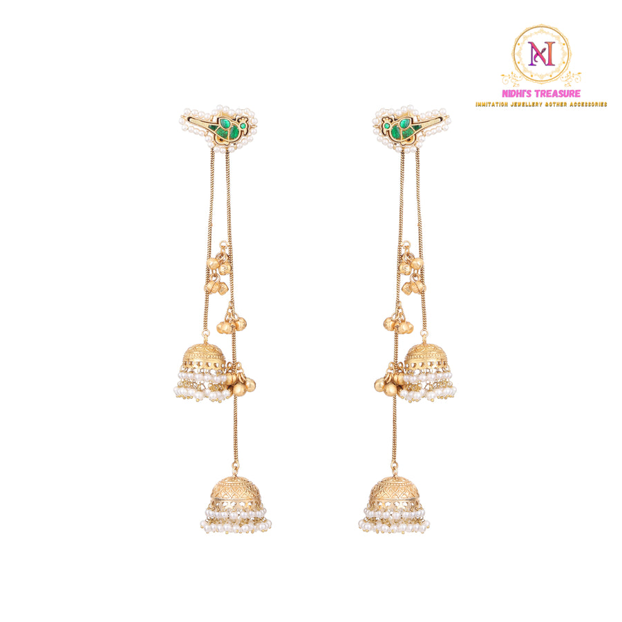 Kashmiri Bird Long Earrings – Green| Ghunghroo Chain Jhumki Danglers
