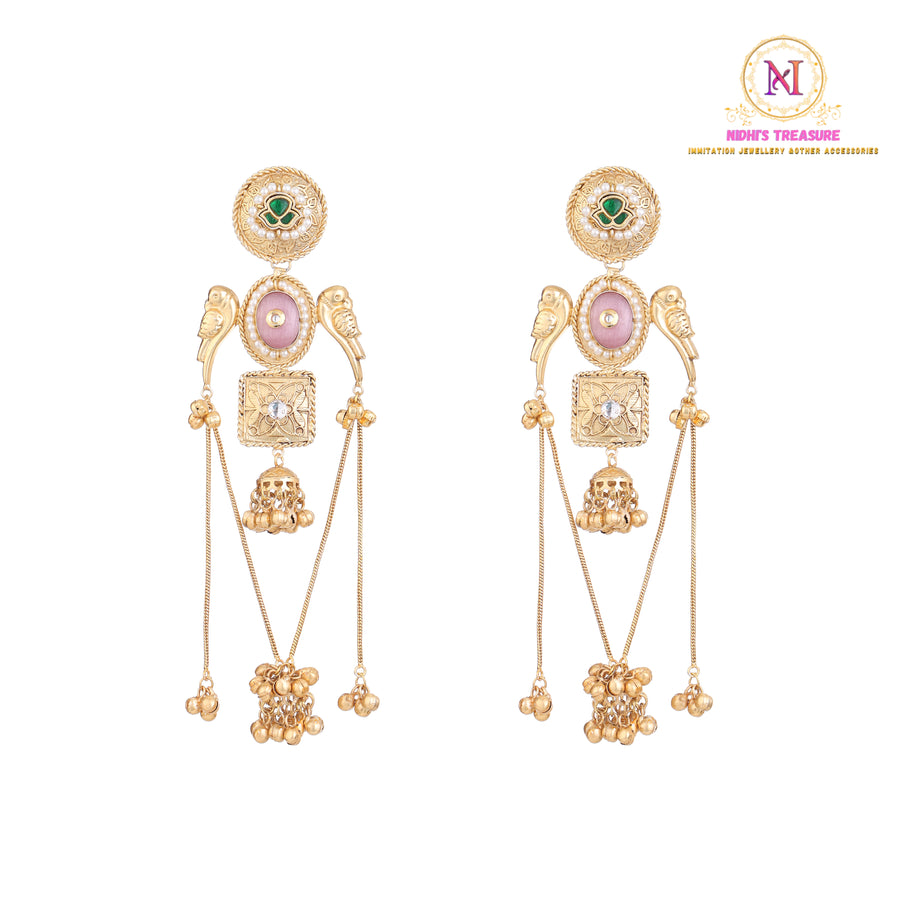 Kashmiri Bird Long Earrings | Heavy Ghunghroo Chain Jhumki Danglers