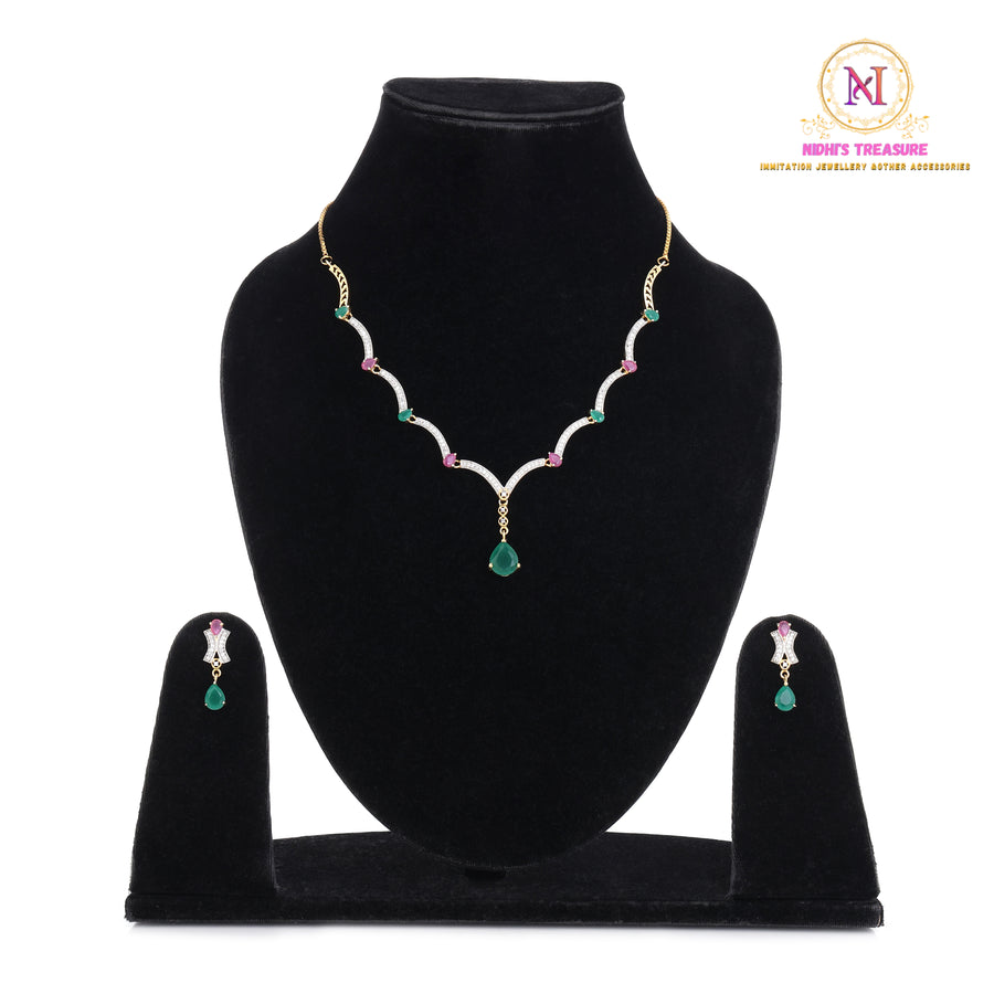 American Diamond Sleek Necklace Set – Green & Pink Stones | Adjustable Chain