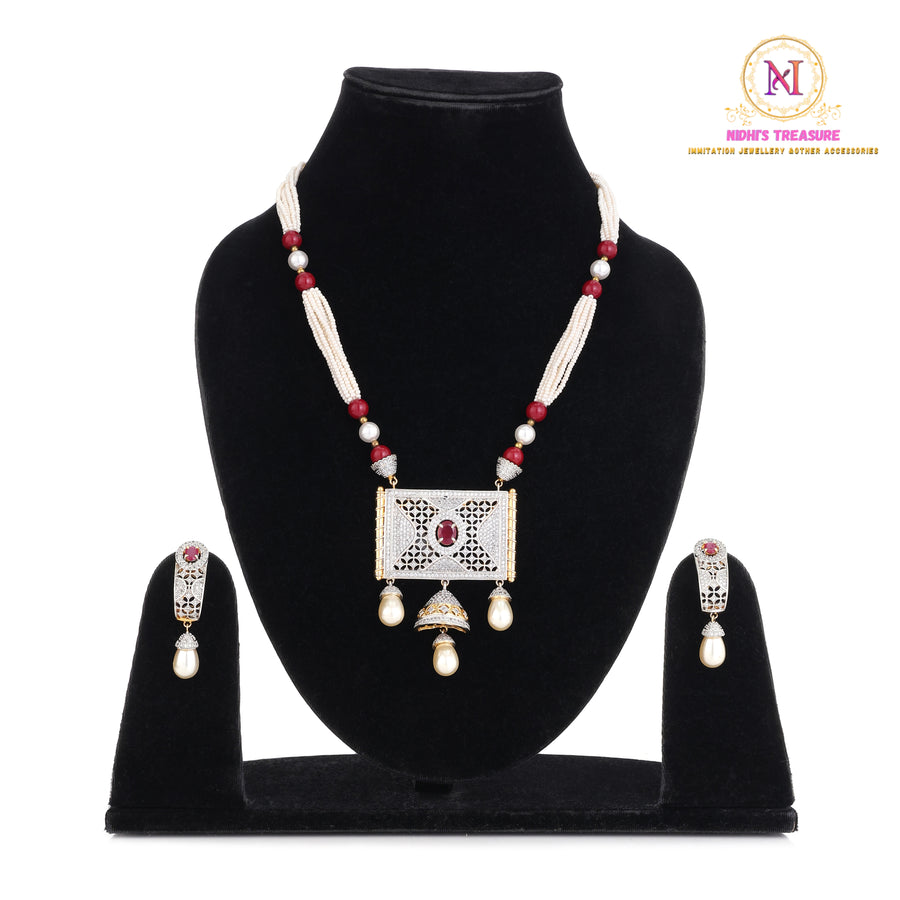 Red Stone Beaded Mala Pendant Set | Dual Tone Designer Jewelry