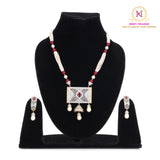 Red Stone Beaded Mala Pendant Set | Dual Tone Designer Jewelry