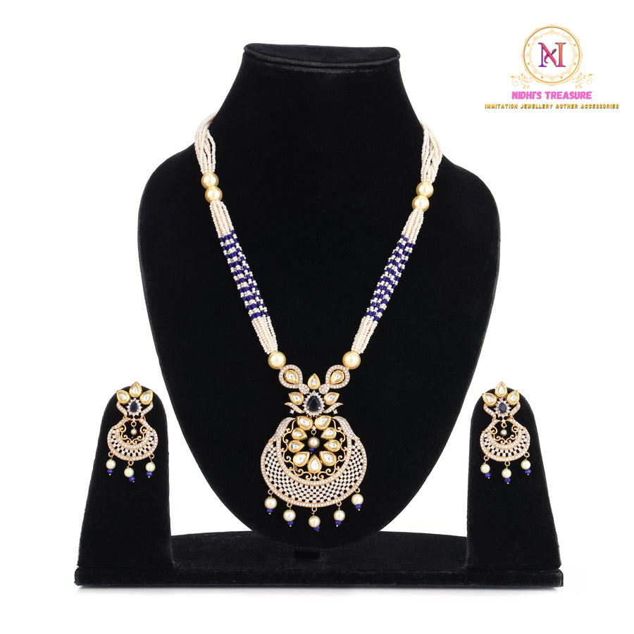 Blue Stone Kundan Pendant Set with Beaded Mala | AD & Pearl Detailing
