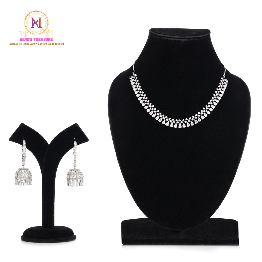 American Diamond Necklace Set – Silver Finish with Bali Jhumki Earrings