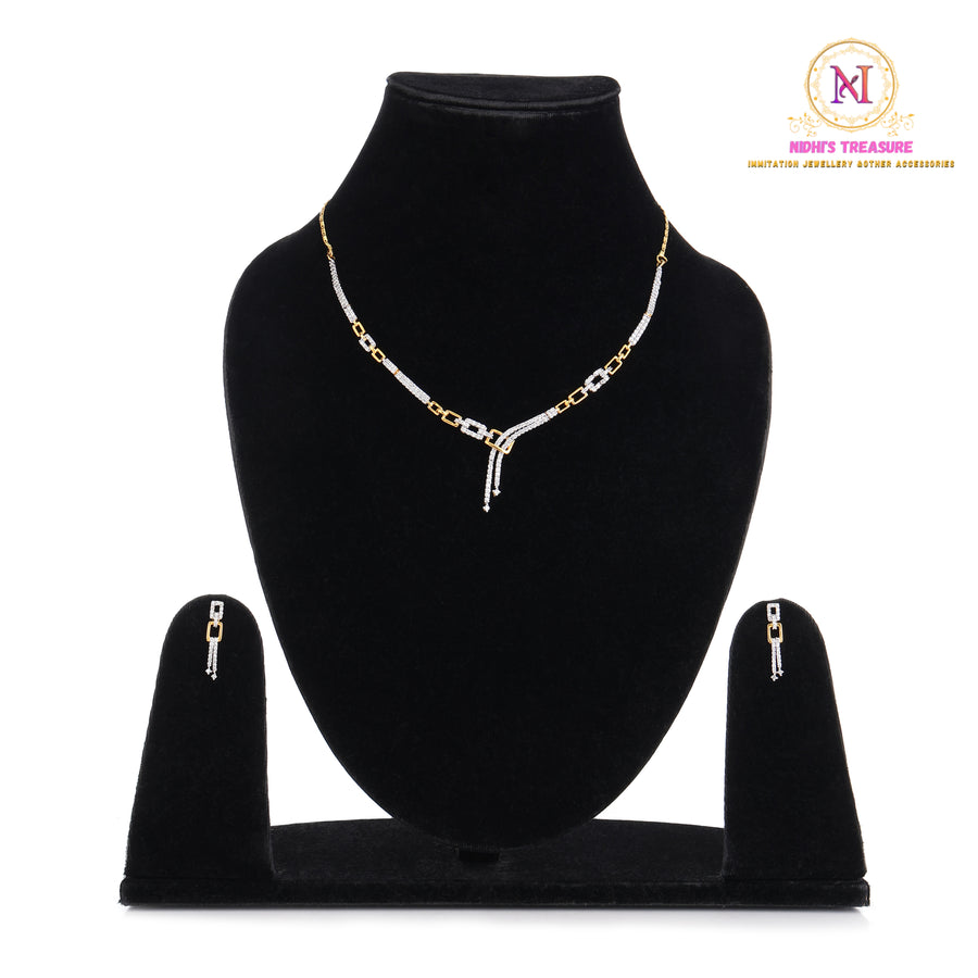 American Diamond Sleek Necklace Set | Golden Finish Minimal Design